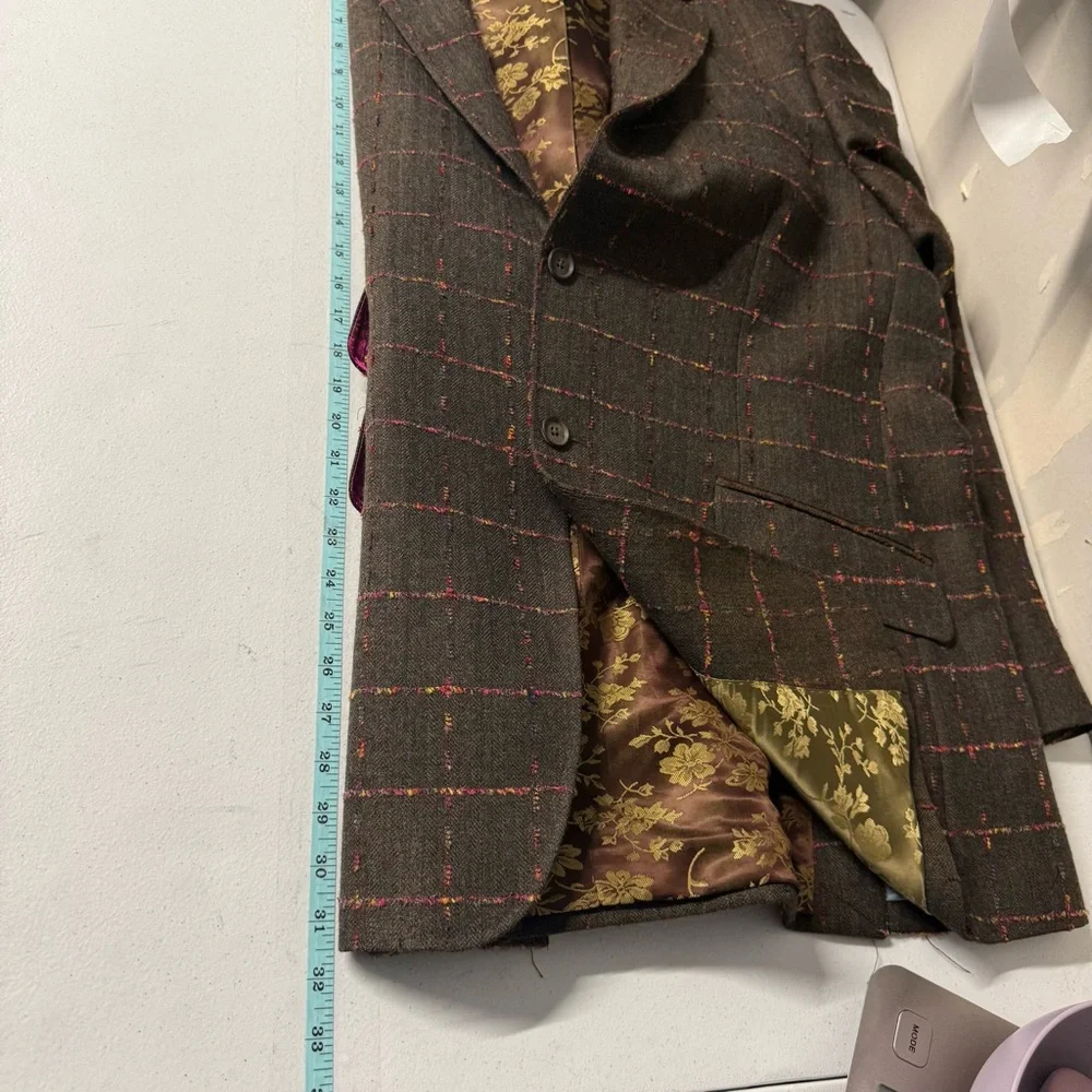 TED BAKER Brown Fuchsia Window Pane 100% Wool Sport Coat Velvet Elbow Collar 46R
